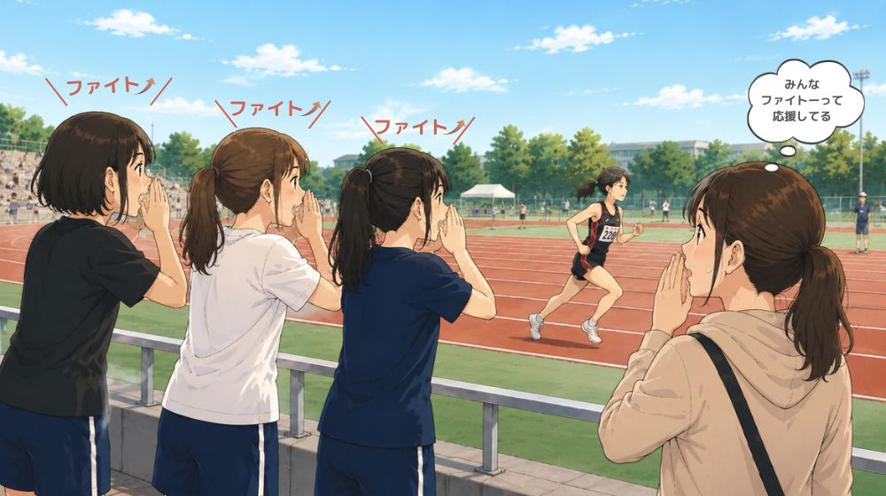初めての陸上記録会で周囲の『ファイトー↑』という応援に戸惑う保護者のイラスト