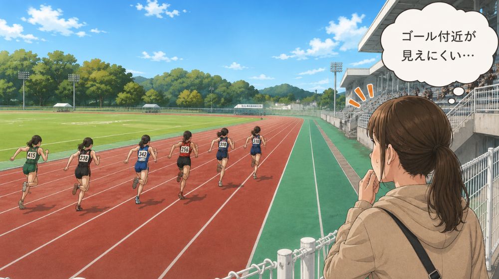初めての陸上記録会でスタート付近から観戦し、ゴール付近が見えにくいと感じた保護者のイラスト