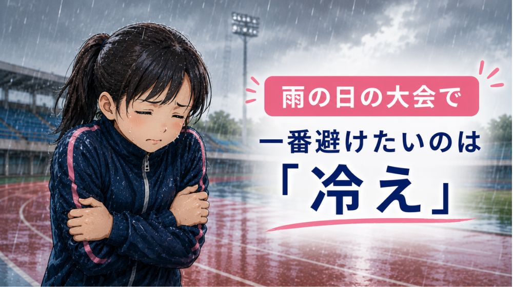 雨の陸上大会で寒さに震える中学生ランナー。体を冷やさないことが大切