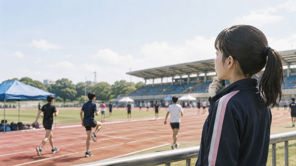 中長距離で初めての大会、アップする選手たちを見ながら戸惑う中学生女子のイメージ画像