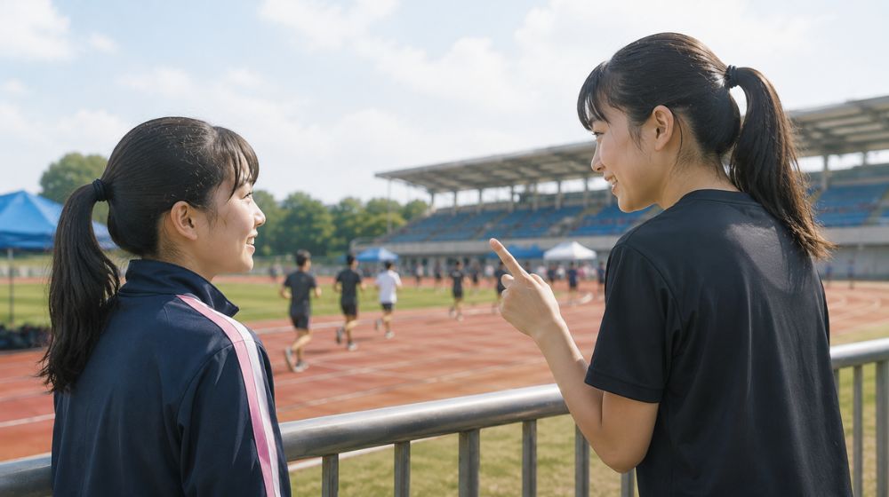 大会会場で先輩に声を掛けられ、一緒にアップへ向かう中学生女子のイメージ画像