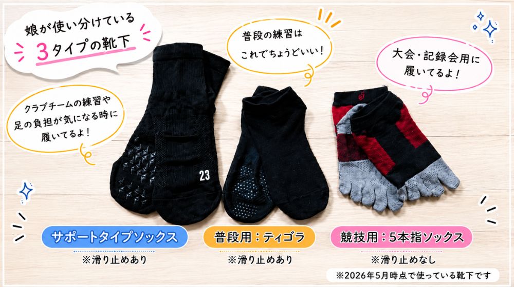 中学生陸上部の娘が使い分けている靴下3種類（普段練習用・競技用5本指ソックス・クラブチームの練習用スポーツソックス）の実物写真。