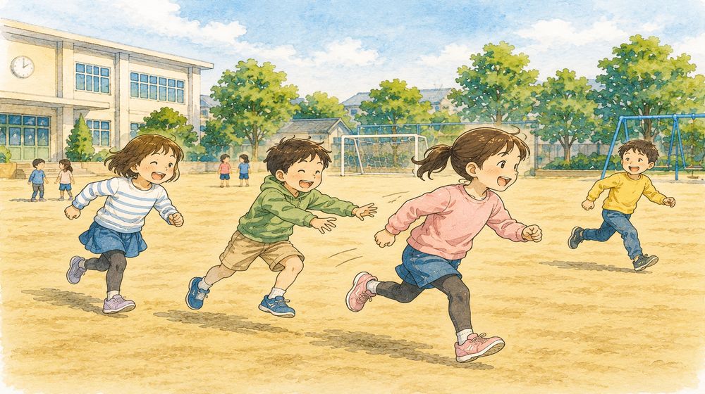 校庭で鬼ごっこを楽しむ小学生たち。陸上経験のない小学生時代をイメージしたイラスト