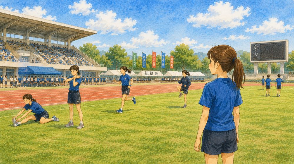 記録会会場で周囲の選手の動きを見ながら準備する中学生陸上部員のイラスト