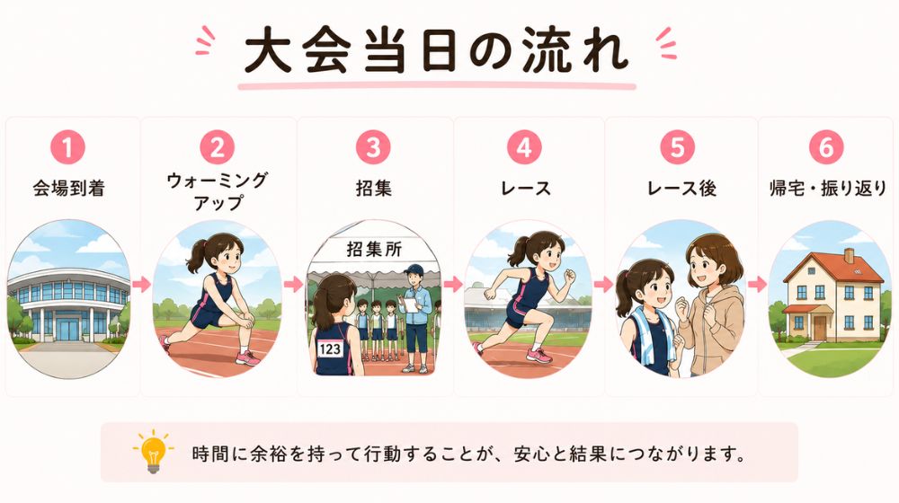 中学生陸上の大会当日の流れを、会場到着からウォーミングアップ、招集、レース、レース後までイラストで分かりやすくまとめたタイムライン。