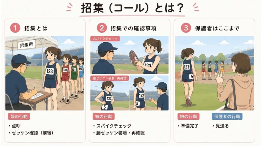 中学生陸上大会の招集(コール)の流れをイラストで解説。点呼、スパイクチェック、ゼッケン確認、保護者の見送りまでを初心者親子向けに紹介。