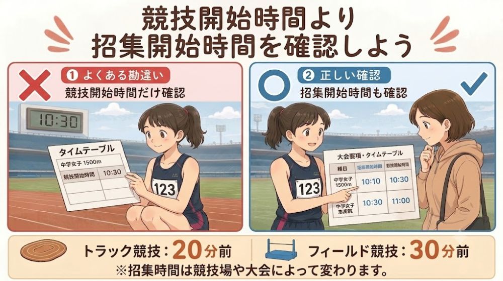 中学生陸上大会の招集開始時間の確認方法をイラストで解説。競技開始時間だけでなく招集開始時間を確認する重要性や、トラック競技・フィールド競技の目安を紹介。